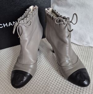 CHANEL Grey & Black Calfskin Leather Ankle Boots